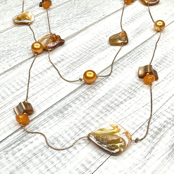 Seashell Beaded Necklace Double Strand Gold Tone Fall Tones - Picture 4 of 4